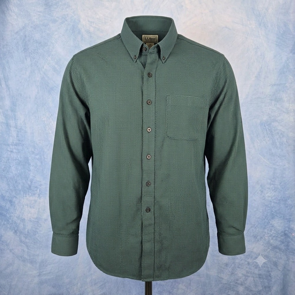 LL Bean Mens Large Green Houndstooth Cotton Button Down Shirt Traditional Fit